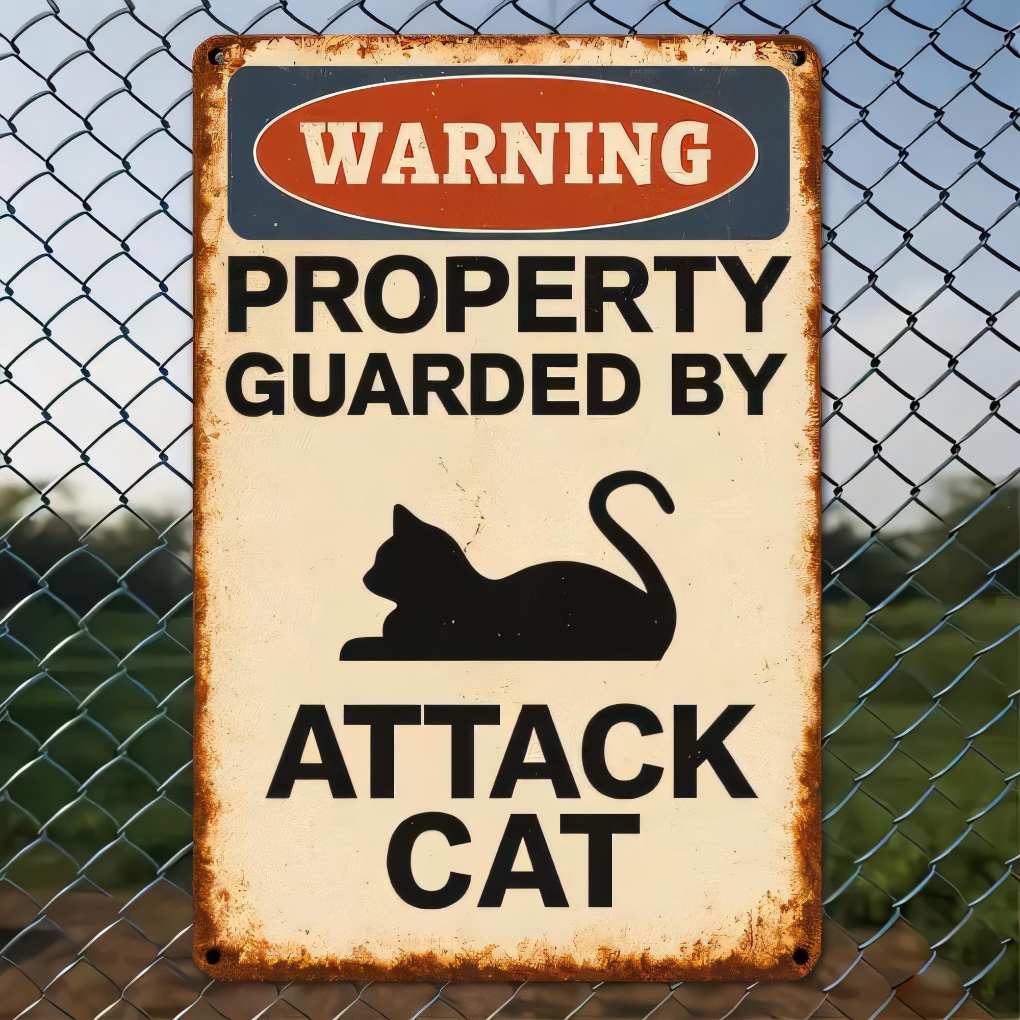 Home Decor Kolkata - ป้ายเตือนสินทรัพย์ ป้องกันโดย Attack Cat ของตกแต่งผนังรูปแมวตลก ป้ายโลหะสไตล์เรโทรสำหรับตกแต่งบ้าน