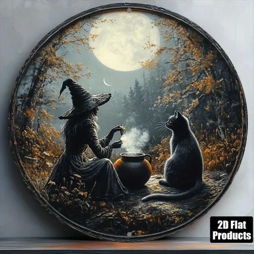 Home Decor Shop - 1 ชิ้น ของตกแต่งผนังสไตล์เรโทรสำหรับวันฮาโลวีน - ดีไซน์แม่มดป่าเวทมนตร์และแมวดำสุดน่าหลงใหล เหมาะสำหรับตกแต่งบ้าน