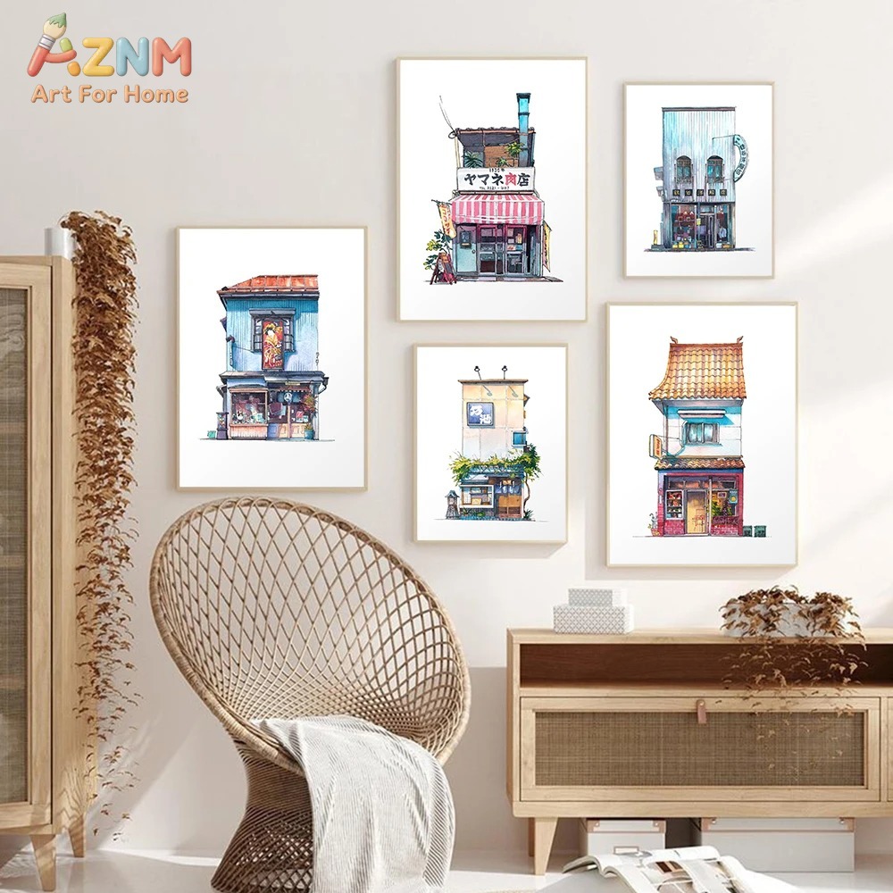 Home Decor Shop - AZNM ภาพวาดสีน้ำสไตล์ญี่ปุ่นสำหรับตกแต่งผนัง ภาพพิมพ์ร้านค้าบนถนนโตเกียว ของตกแต่งบ้าน