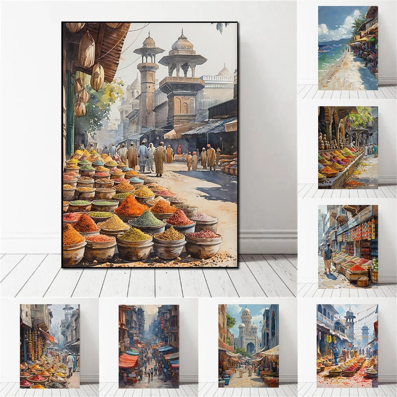 Home Decor Karachi - คาราจี ลาฮอร์ ปากีสถาน ตลาดถนน ภาพวาดสีน้ำ ศิลปะวัฒนธรรมชาวเบงกอล