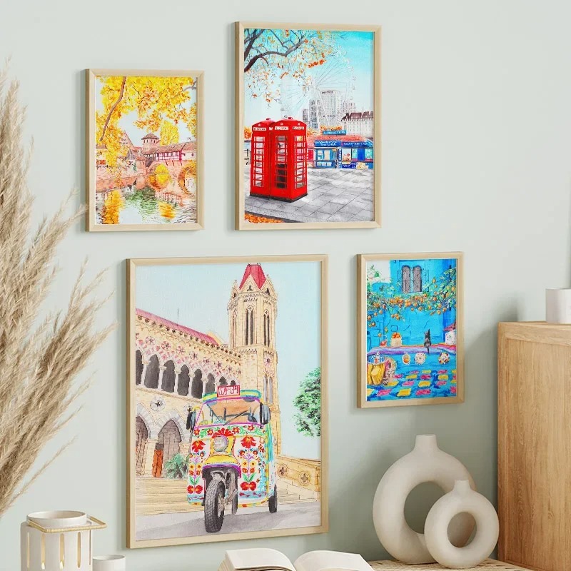 Home Decor Karachi - ภาพพิมพ์สีสันสดใส ลอนดอน คาราจี วิวเมือง ของที่ระลึกจากการเดินทาง โปสเตอร์ติดผนัง