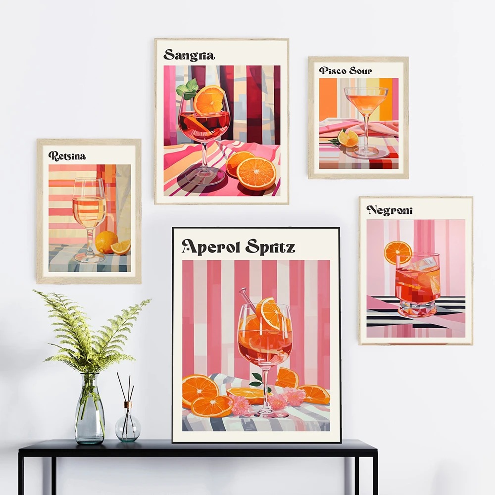 Home Decor Shop - โปสเตอร์และภาพพิมพ์การ์ตูนน้ำผลไม้ เอเพอโรล สปริตซ์ ซานเกรีย เนโกรนี ภาพวาดบนผ้าใบ