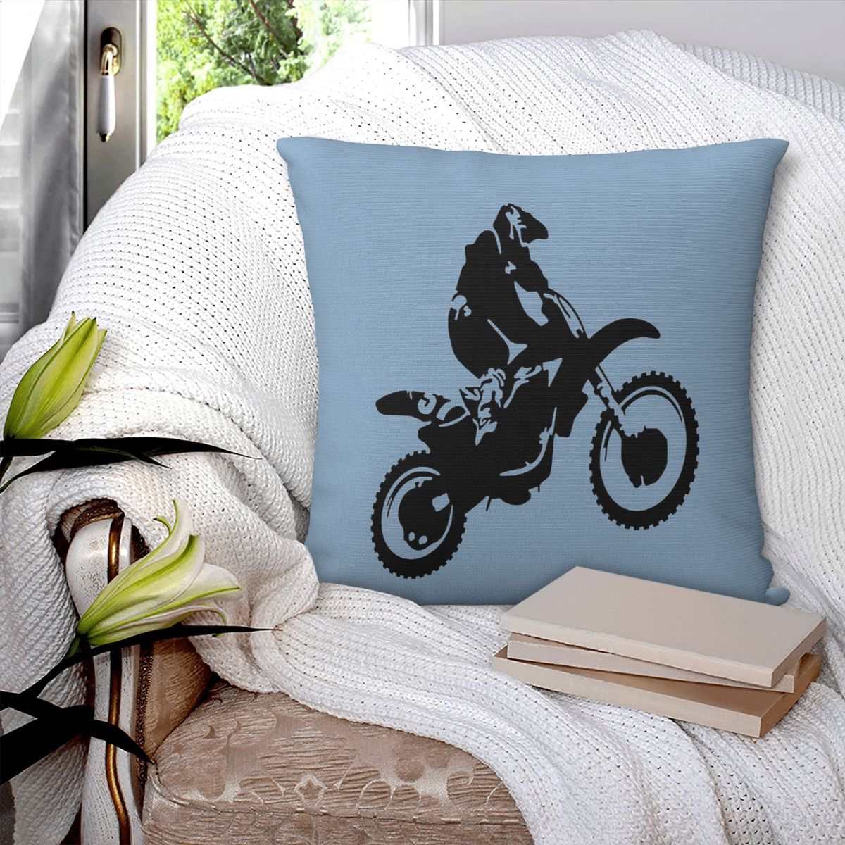 Home Decor Vector - โมโต X รถวิบากโมโนโทนเวกเตอร์อาร์ตสแควร์ปลอกหมอนหมอนโพลีเอสเตอร์ตกแต่งสบายหมอนอิงสำหรับรถบ้าน