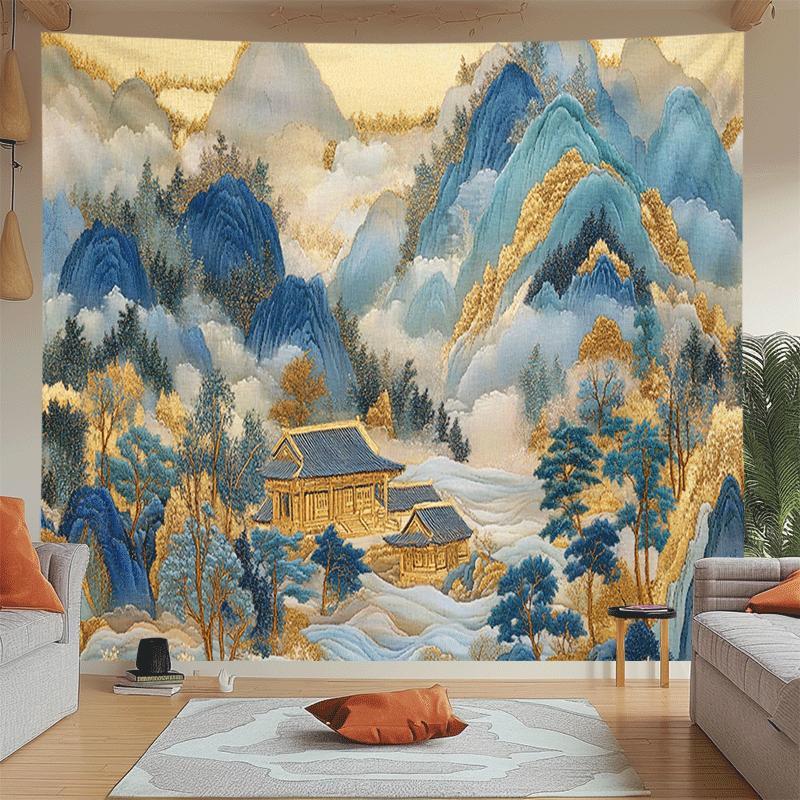 Home Decor Under 100 - วินเทจจีนภาพทิวทัศน์จีนผ้าแขวนผนังโพลีเอสเตอร์ภาพจิตรกรรมฝาผนังเอเชียเจดีย์ภูเขาศิลปะฮวงจุ้ยตกแต่งห้องนั่งเล่น D