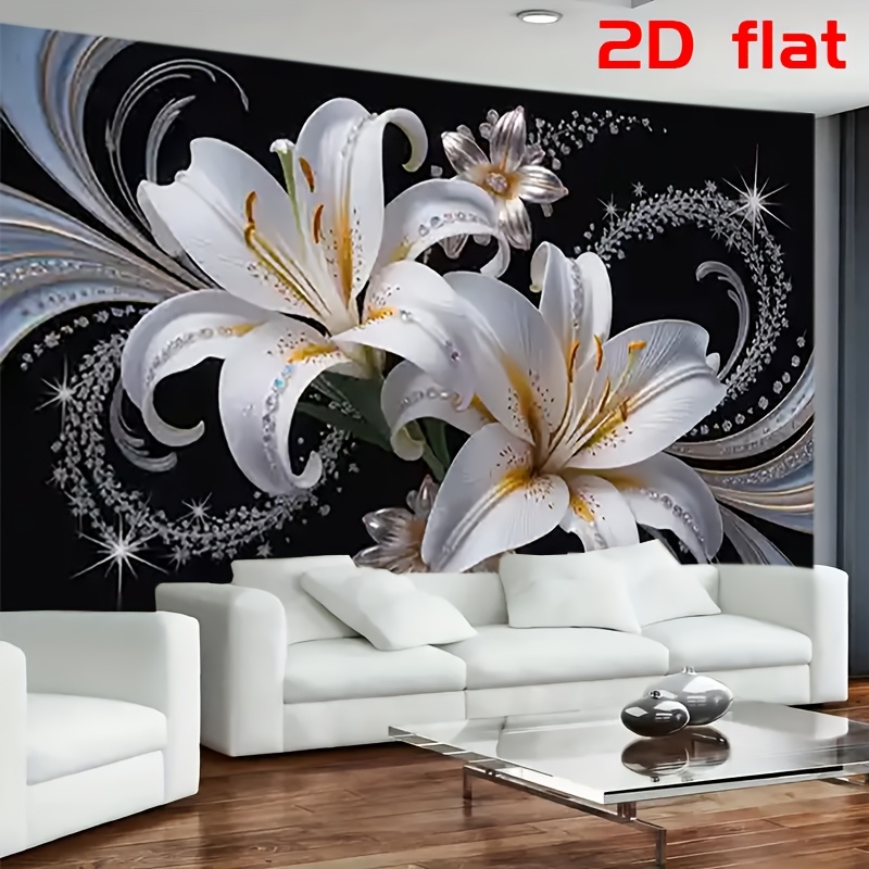 Home Decor Under 100 - พรมแขวนผนังลายดอกลิลลี่สีขาวสุดหรู ตกแต่งผนังด้วยพื้นหลังสีดำ งานศิลปะลายดอกไม้ทันสมัย สำหรับตกแต่งห้องนั่งเล่นและบ้าน