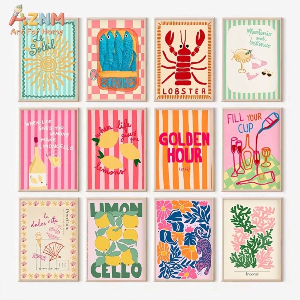 Home Decor Kolkata - AZNM ค็อกเทลอาหารทะเลกุ้งก้ามกรามเลมอนหลากสีสันในฤดูร้อน ศิลปะแบบไม่มีกรอบ ผ้าใบตกแต่งผนังห้องครัว