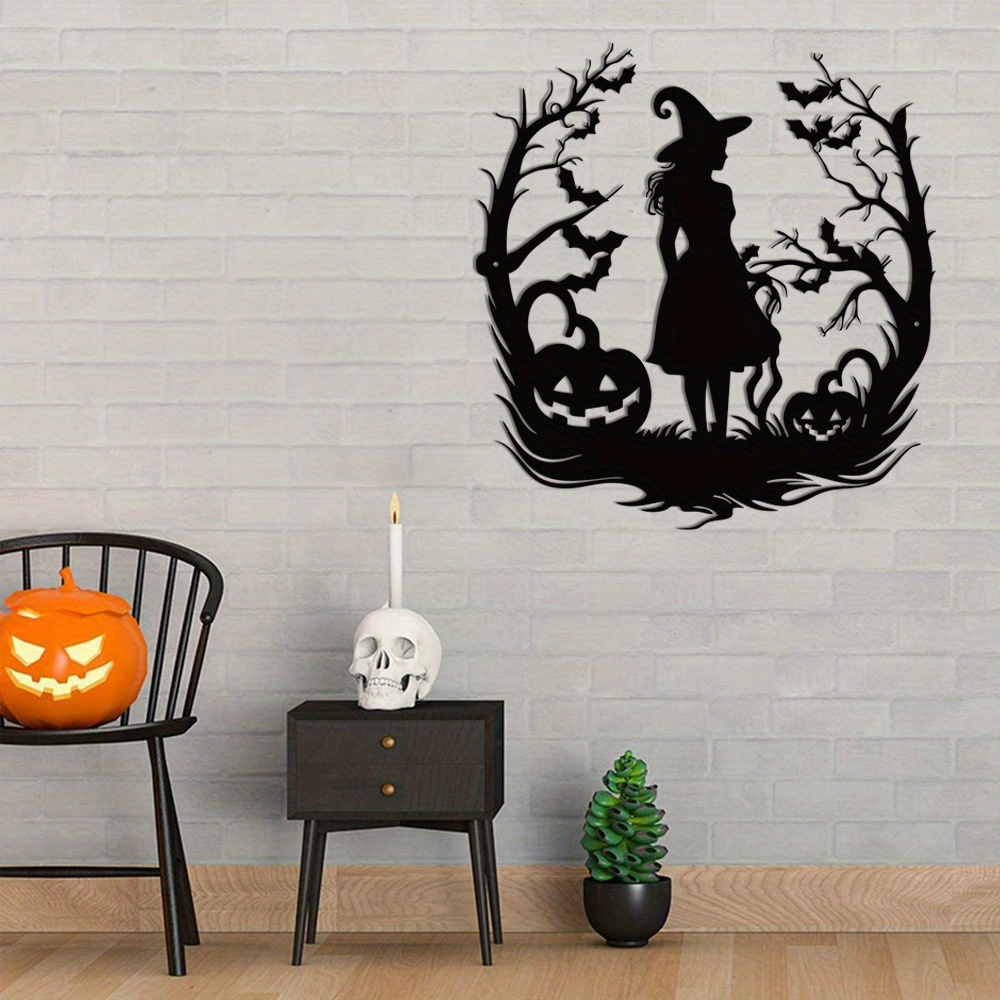 Home Decor Vector - ป้ายฮาโลวีนลายศิลปะโลหะรูปแม่มด SVG, ภาพเงาแม่มดแบบเวกเตอร์สำหรับตกแต่งสวนกลางแจ้ง, กราฟิกโลโก้ศิลปะโลหะสำหรับระเบียงบ้าน