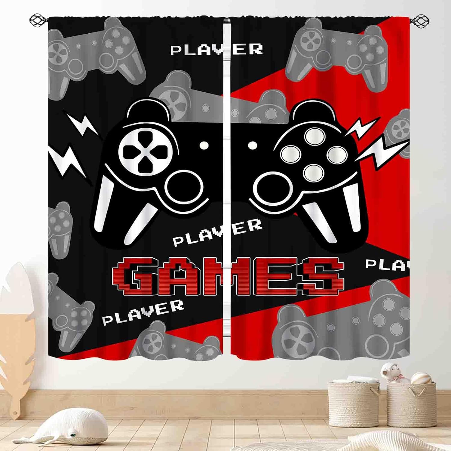 Home Decor Youtube Videos - ผ้าม่านเกมมิ่งสีดำแดง ลายพิมพ์คอนโทรลเลอร์วิดีโอเกม ผ้าม่านตกแต่งห้องเกมเมอร์สำหรับวัยรุ่น สำหรับห้องนอน ห้องเล่น ห้องนั่งเล่น