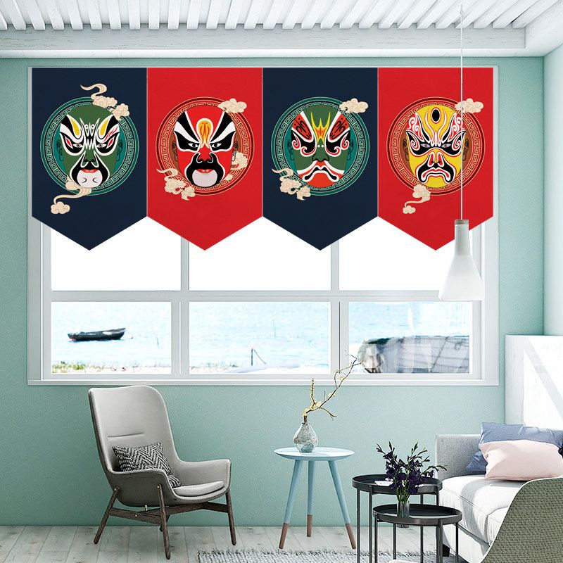 Home Decor Shop - VIKAMA ผ้าม่านสามเหลี่ยมลายหน้ากากงิ้วปักกิ่งสไตล์จีน แบนเนอร์ตกแต่งผนังร้านอาหาร ร้านน้ำชา และบ้าน