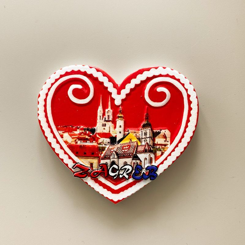 Home Decor Zagreb - ของที่ระลึกสำหรับนักท่องเที่ยวชาวโครเอเชีย แม่เหล็กติดตู้เย็นรูปหัวใจอาคารซาเกร็บ 3 มิติ ทาสีแล้ว ของตกแต่งบ้าน