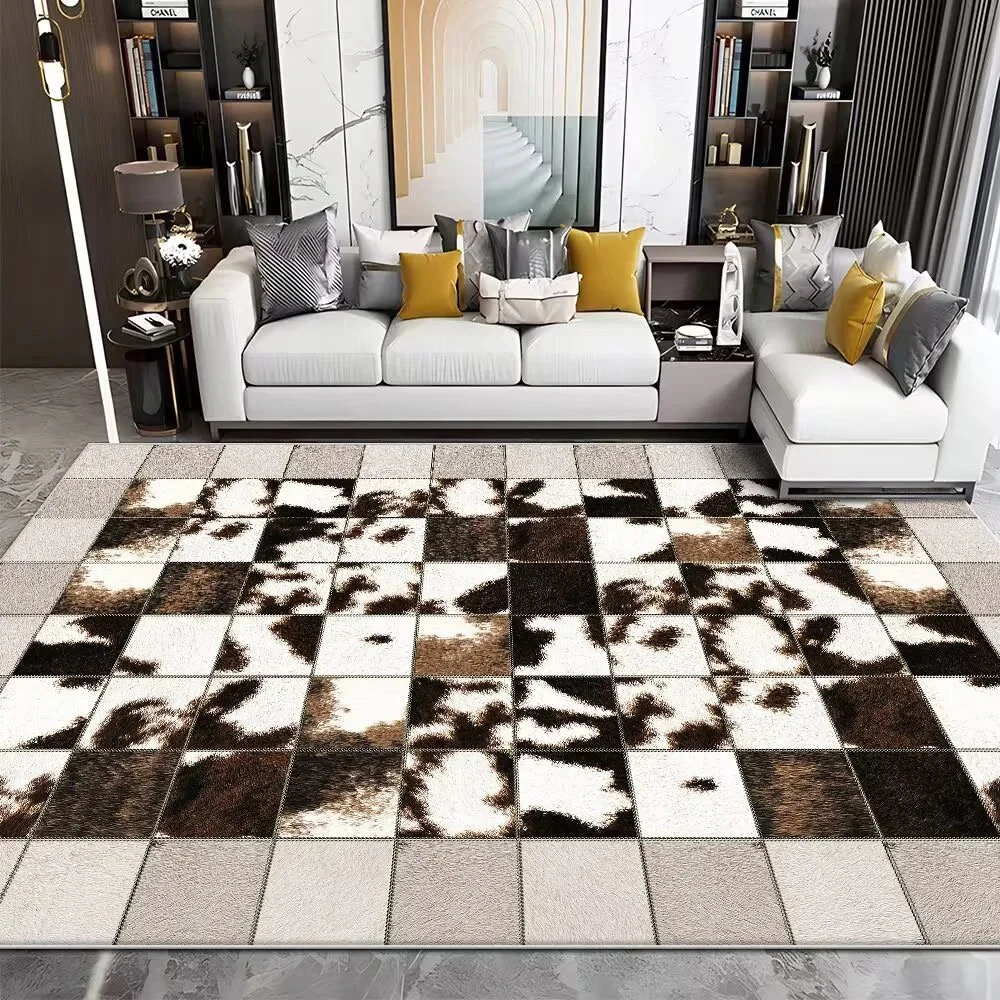 Cowhide Rug Faux - พรมในห้องนั่งเล่นหรูหราหนังวัวเทียมที่ทันสมัยพรมปูพื้นโซฟาห้องนอนพรมตกแต่งขนาดใหญ่พรมซักได้กันเสื่อกันลื่น