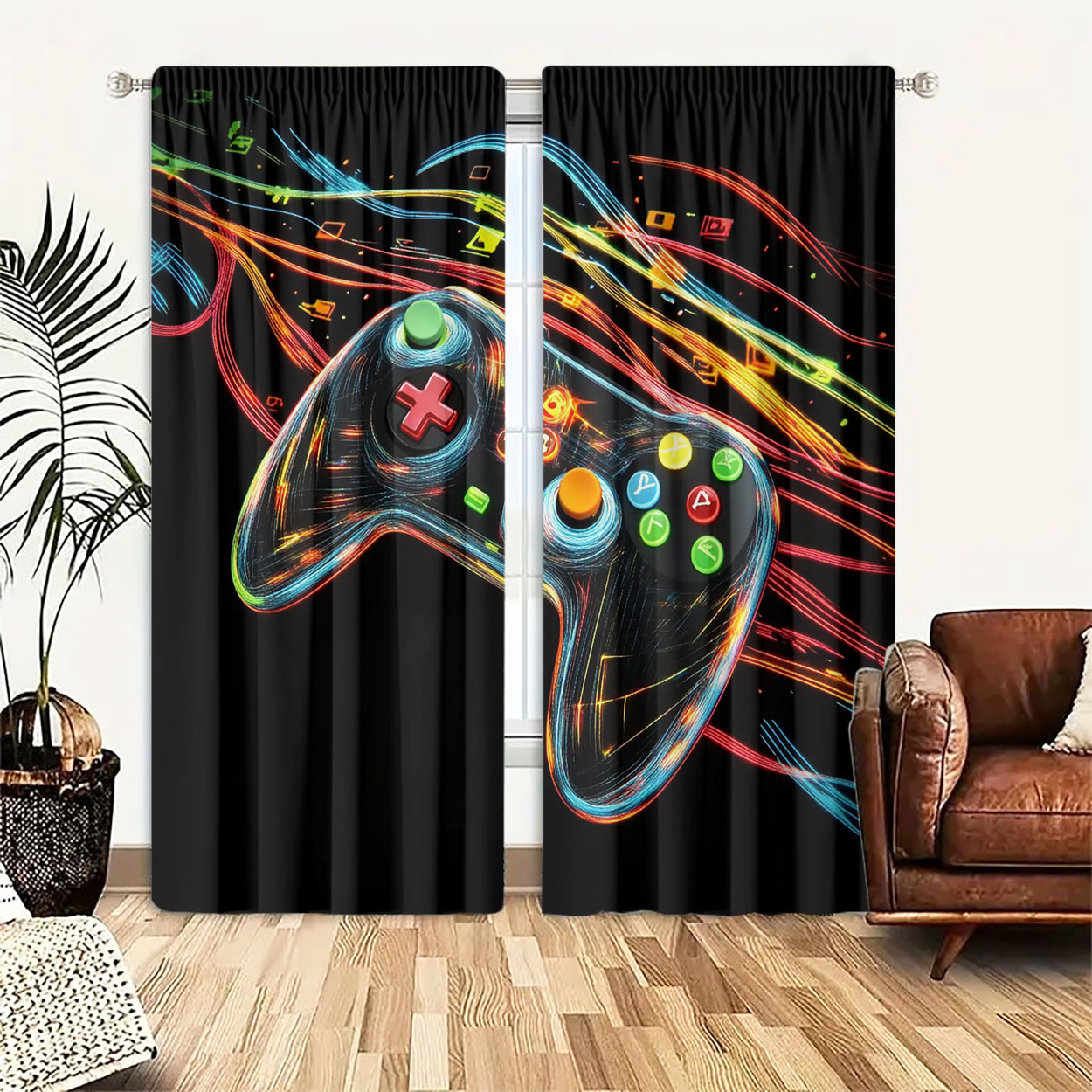 Home Decor Youtube Videos - ผ้าม่านลายคอนโทรลเลอร์เกมนีออน 2 ชิ้น คู่ ผ้าม่านตกแต่งหน้าต่างลายป๊อปอาร์ตวิดีโอเกม สำหรับห้องเกมเมอร์