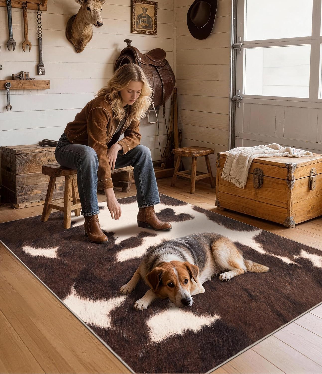 พรมลายหนังวัวเทียมสีน้ำตาล พรม - Cowhide Rug Faux บทวิจารณ์และราคา