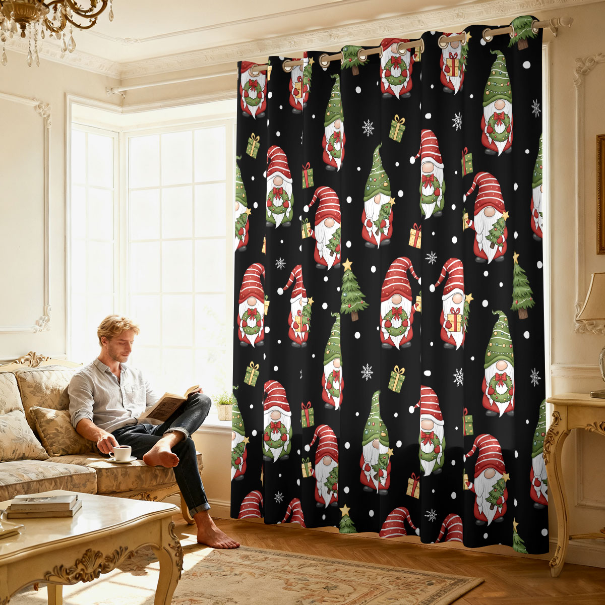 ผ้าม่านลายคริสต์มาสคนแคระต้นคร - Home Decor Xmas บทวิจารณ์และราคา